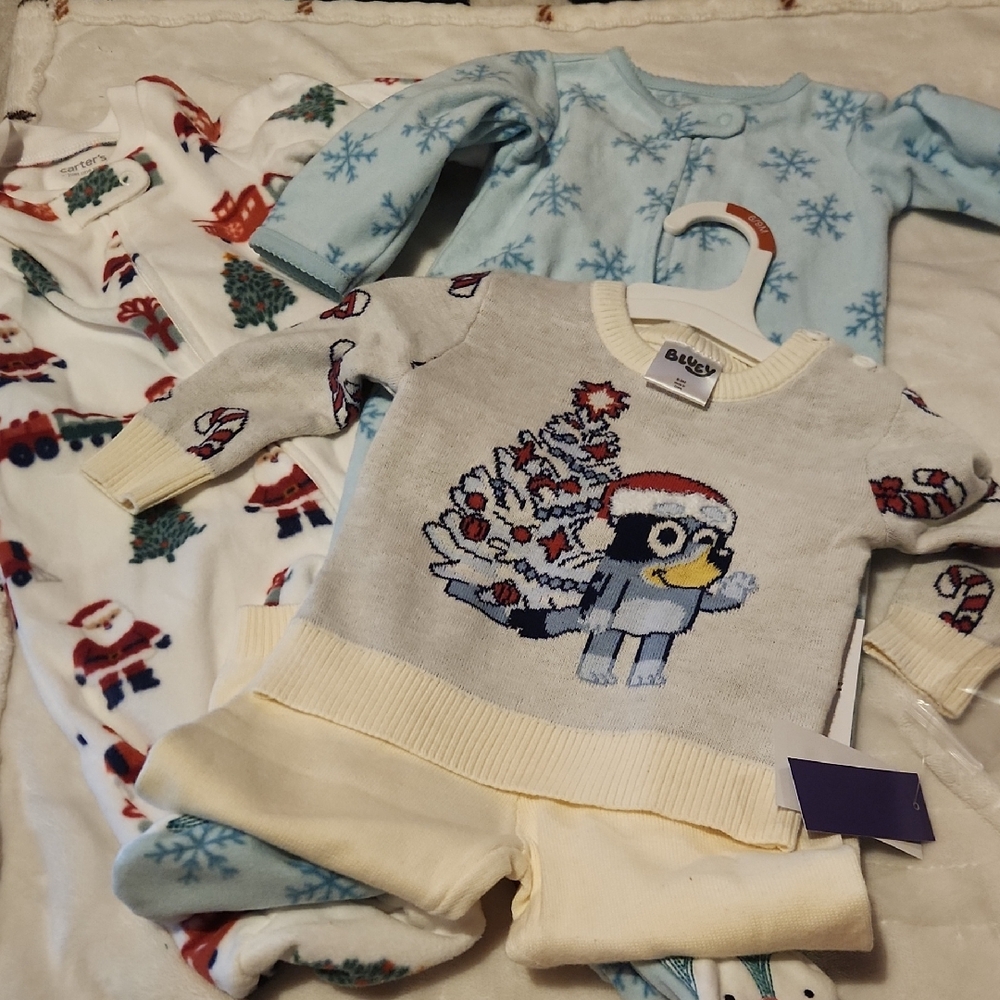Bluey, Baby 6months, Christmas Holiday, Festive Sweater and Pajama Bundle
